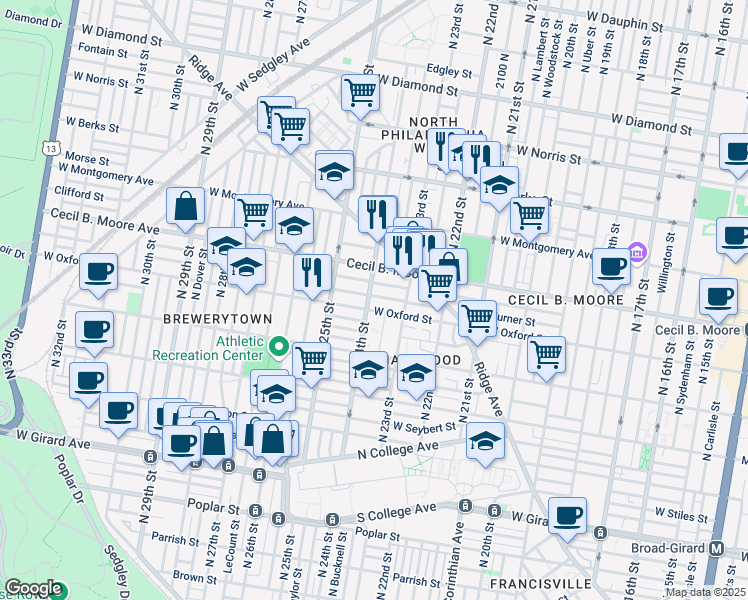 map of restaurants, bars, coffee shops, grocery stores, and more near 2348 Turner Street in Philadelphia
