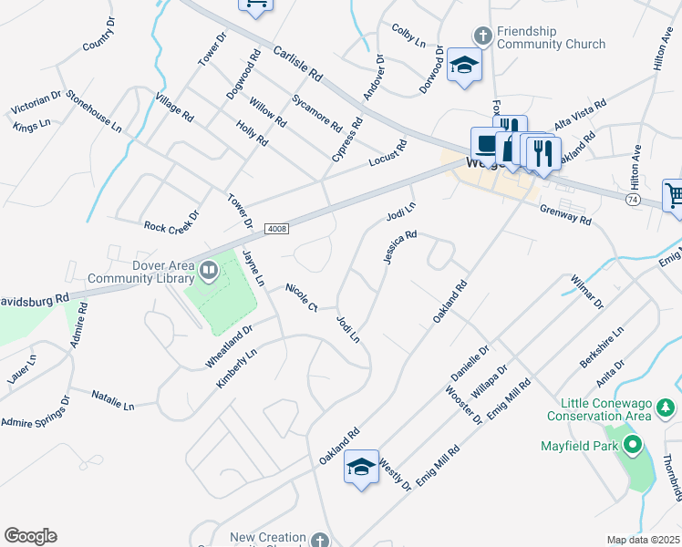 map of restaurants, bars, coffee shops, grocery stores, and more near 3095 Jodi Lane in Dover