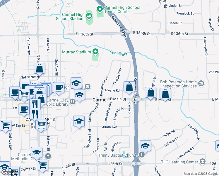 map of restaurants, bars, coffee shops, grocery stores, and more near 104 Brierley Way in Carmel