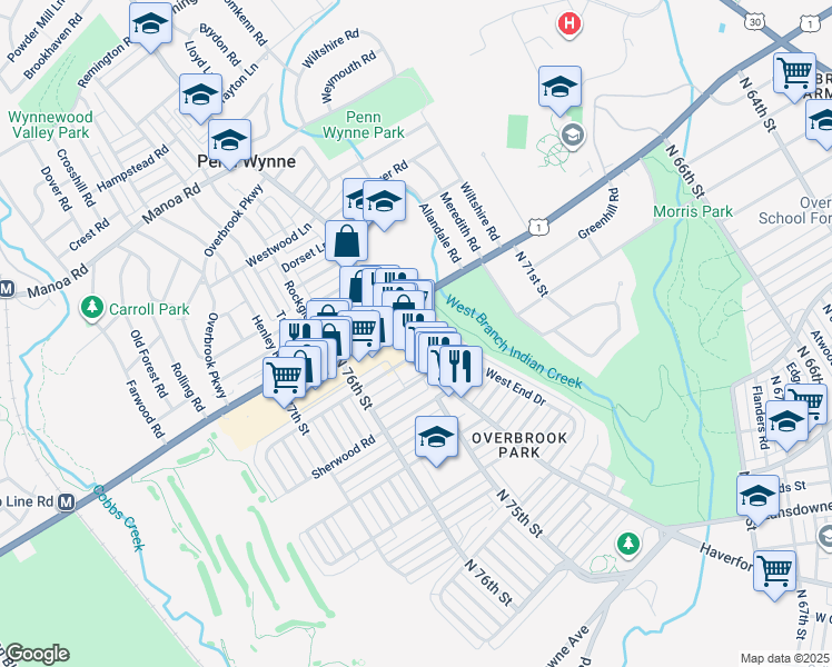 map of restaurants, bars, coffee shops, grocery stores, and more near 7543 Haverford Avenue in Philadelphia