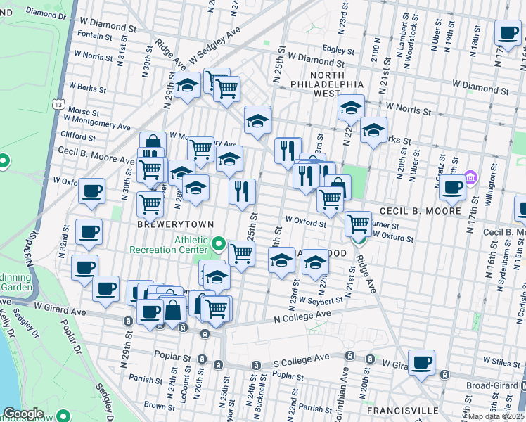 map of restaurants, bars, coffee shops, grocery stores, and more near 2435 West Oxford Street in Philadelphia