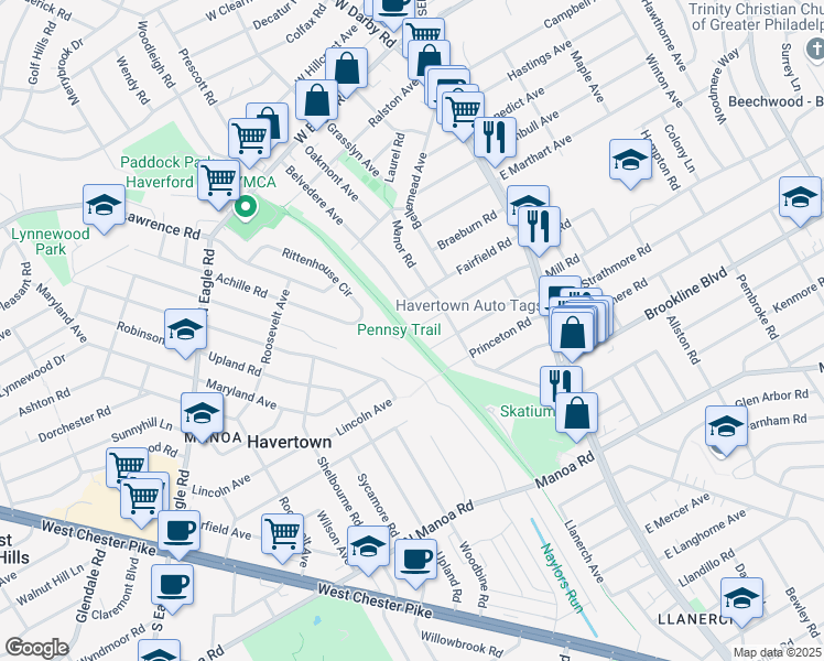 map of restaurants, bars, coffee shops, grocery stores, and more near 209 Harvard Road in Havertown