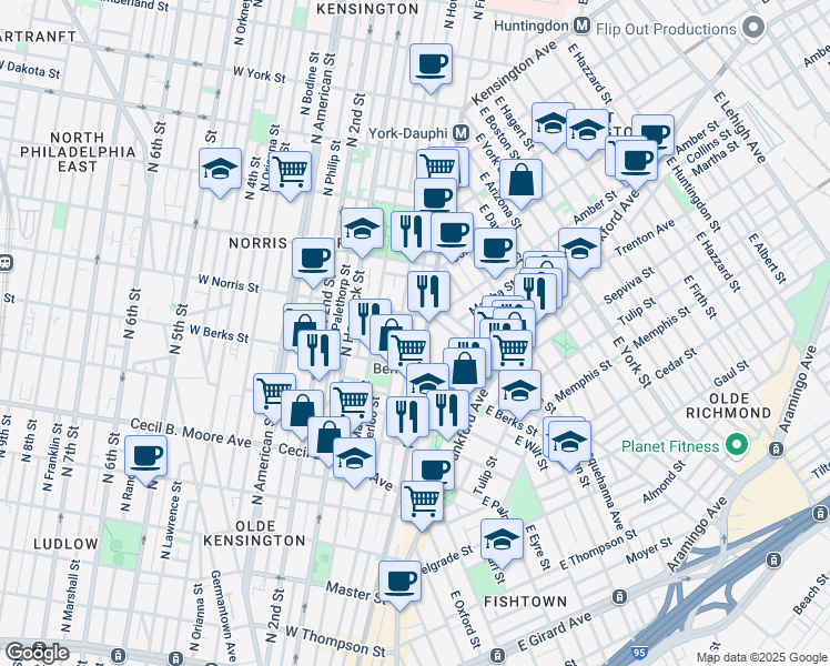 map of restaurants, bars, coffee shops, grocery stores, and more near 1942 North Front Street in Philadelphia