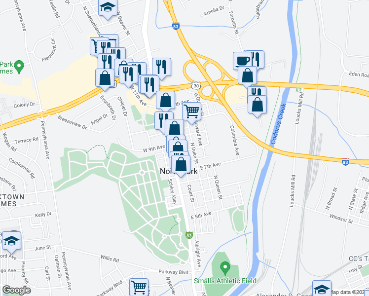 map of restaurants, bars, coffee shops, grocery stores, and more near 35 East 8th Avenue in York
