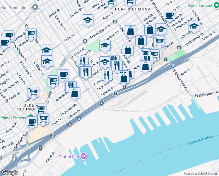 map of restaurants, bars, coffee shops, grocery stores, and more near 2720 East Cambria Street in Philadelphia