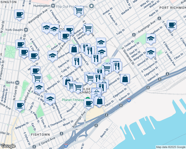 map of restaurants, bars, coffee shops, grocery stores, and more near 2422 East Hazzard Street in Philadelphia