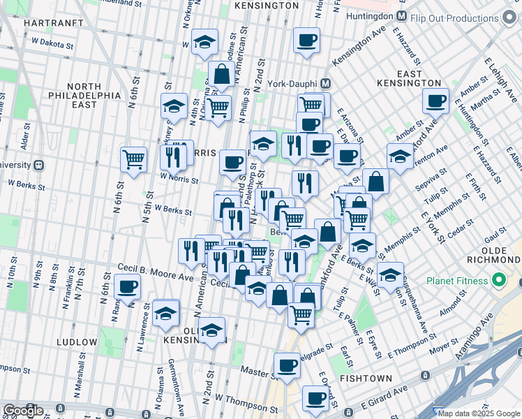 map of restaurants, bars, coffee shops, grocery stores, and more near 1918 Mutter Street in Philadelphia
