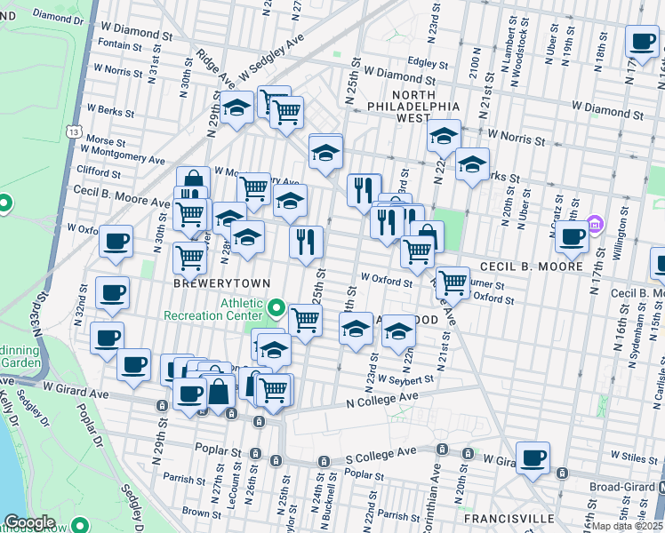 map of restaurants, bars, coffee shops, grocery stores, and more near 2435 West Oxford Street in Philadelphia