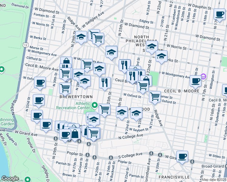 map of restaurants, bars, coffee shops, grocery stores, and more near 2437 West Oxford Street in Philadelphia