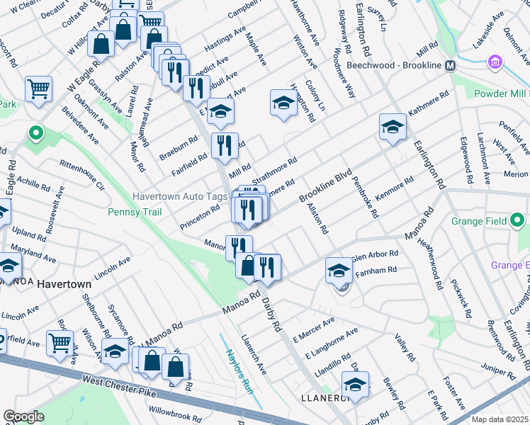 map of restaurants, bars, coffee shops, grocery stores, and more near 52 Brookline Boulevard in Havertown