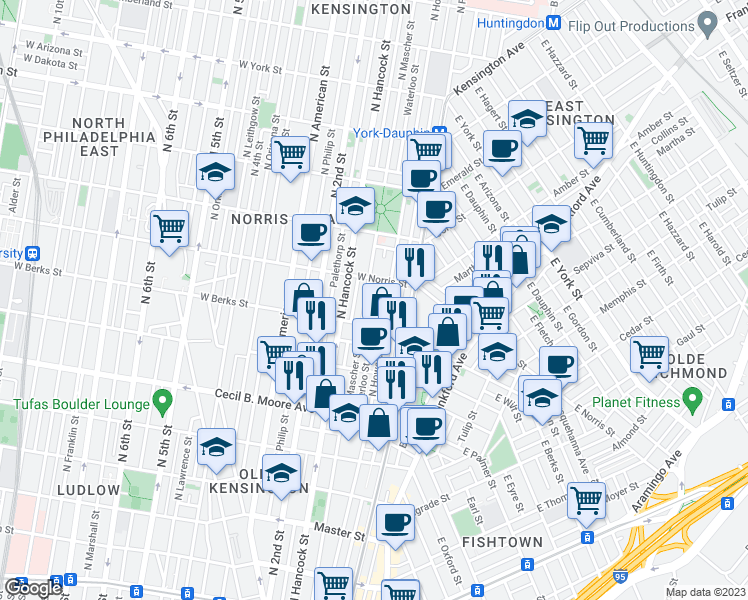 map of restaurants, bars, coffee shops, grocery stores, and more near 1940 Waterloo Street in Philadelphia