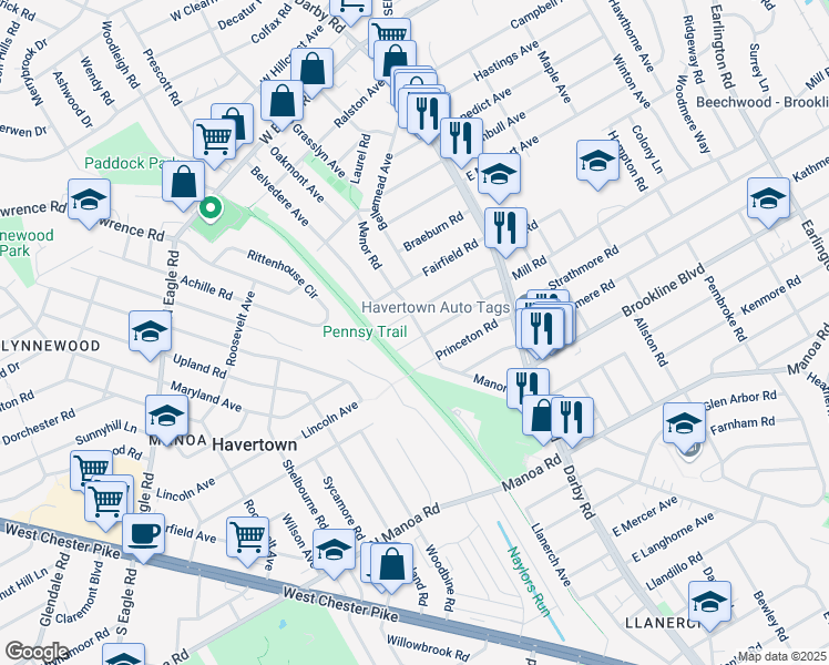 map of restaurants, bars, coffee shops, grocery stores, and more near 108 Yale Road in Havertown