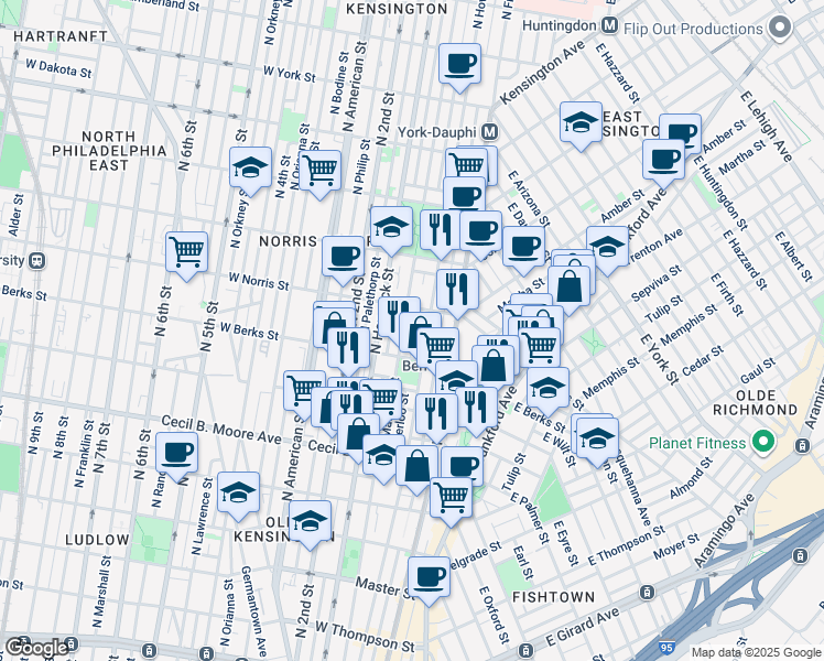 map of restaurants, bars, coffee shops, grocery stores, and more near 1940 Waterloo Street in Philadelphia