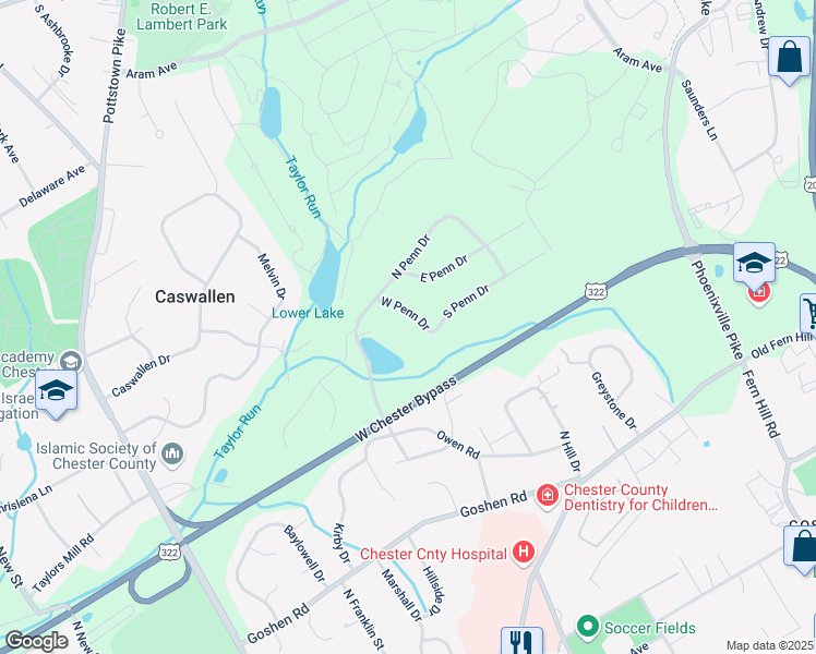 map of restaurants, bars, coffee shops, grocery stores, and more near 964 West Penn Drive in West Chester