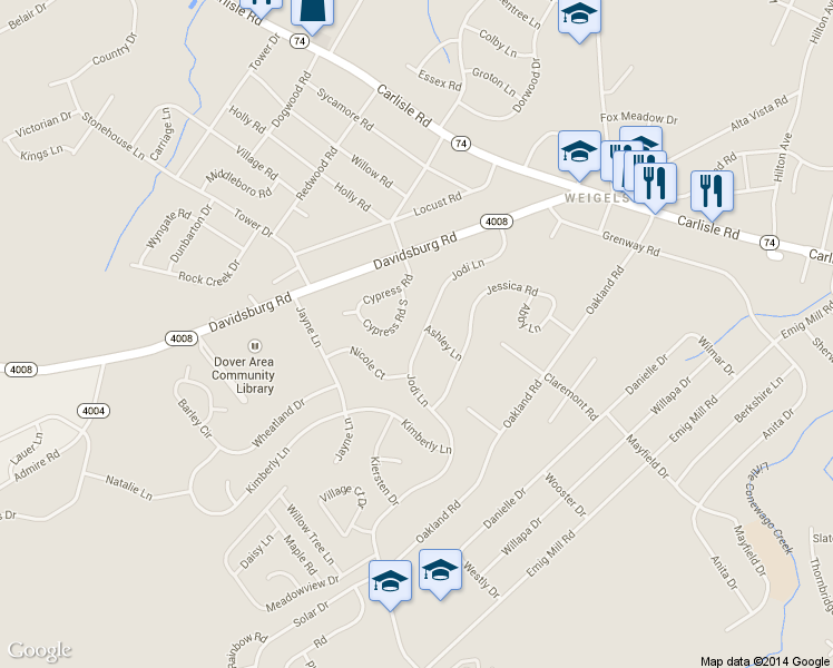 map of restaurants, bars, coffee shops, grocery stores, and more near 3095 Jodi Lane in Dover