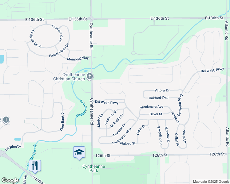 map of restaurants, bars, coffee shops, grocery stores, and more near 15318 Trebbiano Drive in Fishers