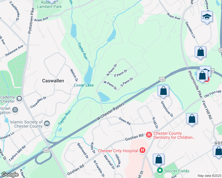 map of restaurants, bars, coffee shops, grocery stores, and more near 964 West Penn Drive in West Chester