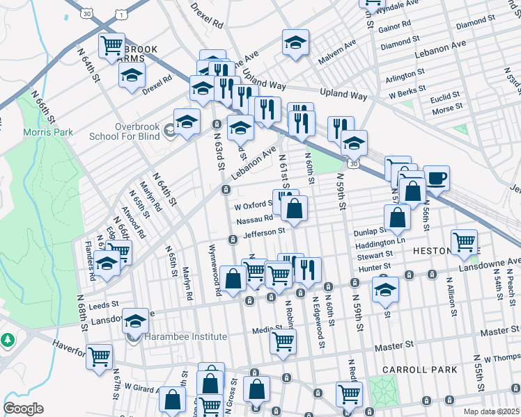 map of restaurants, bars, coffee shops, grocery stores, and more near 6136 West Oxford Street in Philadelphia