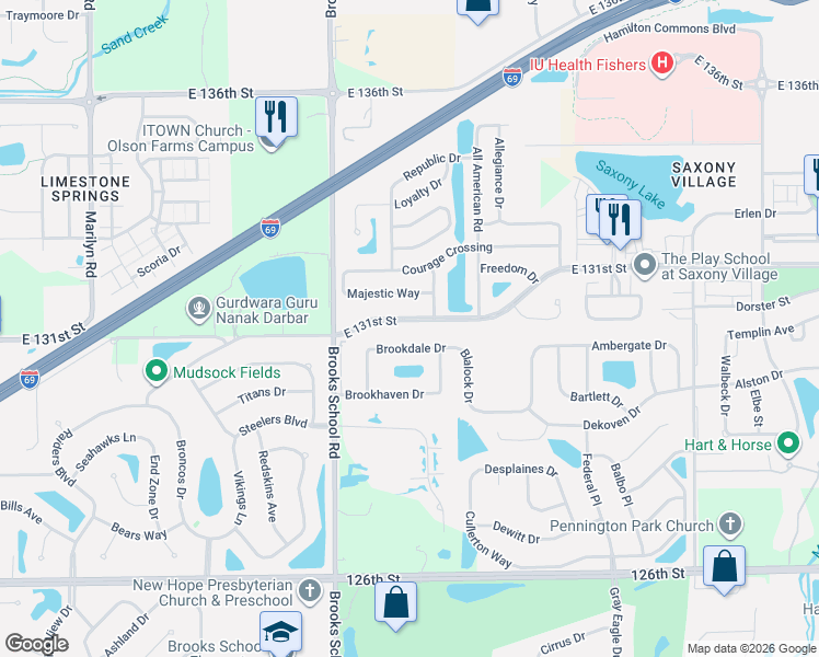 map of restaurants, bars, coffee shops, grocery stores, and more near 12645 East 131st Street in Fishers