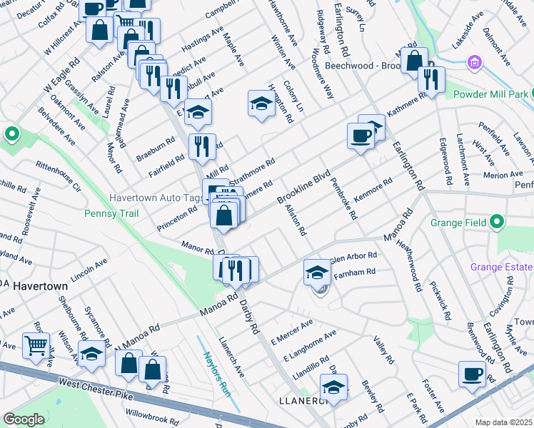 map of restaurants, bars, coffee shops, grocery stores, and more near 111 Brookline Boulevard in Havertown