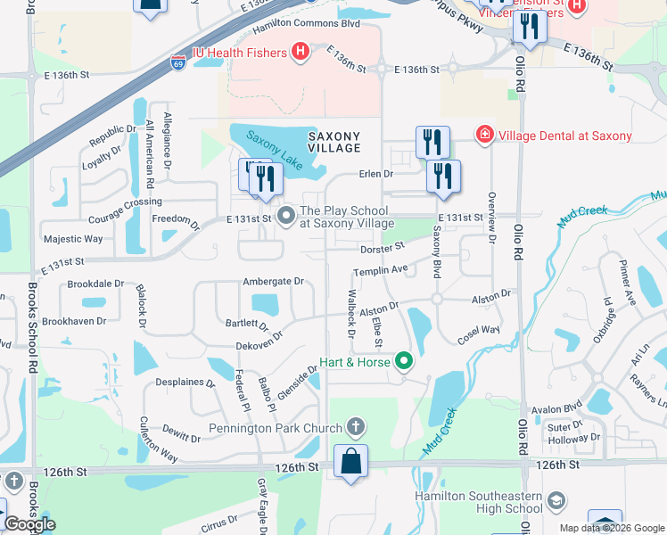 map of restaurants, bars, coffee shops, grocery stores, and more near 12988 Walbeck Drive in Fishers