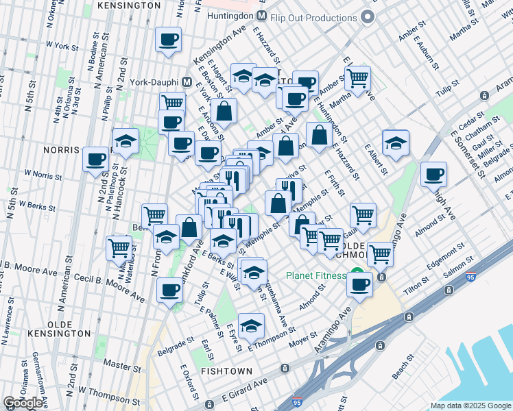 map of restaurants, bars, coffee shops, grocery stores, and more near 2207 East Dauphin Street in Philadelphia