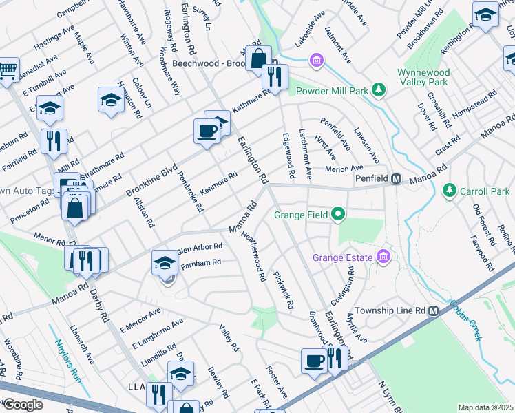 map of restaurants, bars, coffee shops, grocery stores, and more near 417 East Manoa Road in Havertown