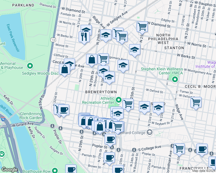 map of restaurants, bars, coffee shops, grocery stores, and more near in Philadelphia