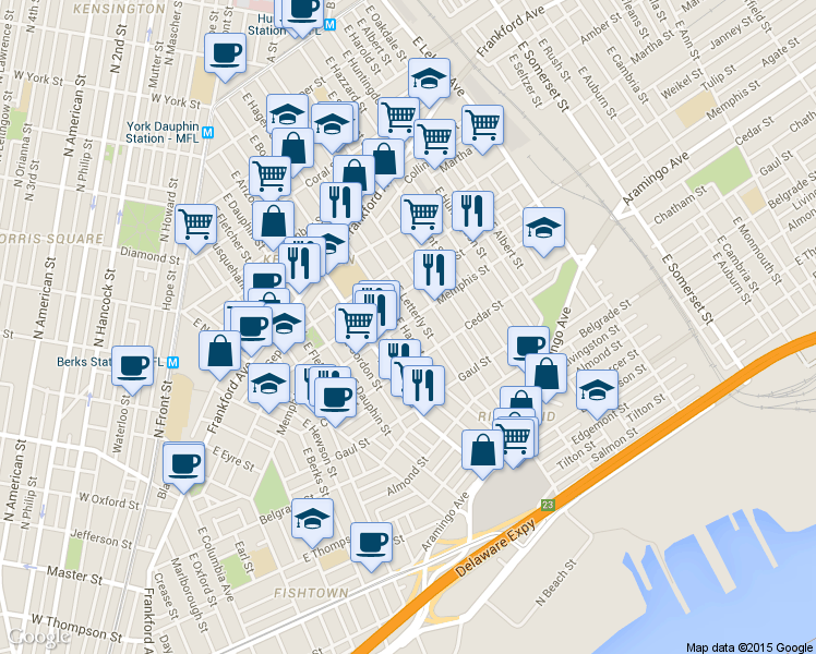 map of restaurants, bars, coffee shops, grocery stores, and more near 2351 East Hagert Street in Philadelphia