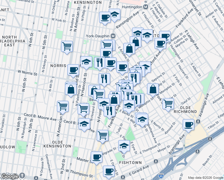 map of restaurants, bars, coffee shops, grocery stores, and more near 2137 East Norris Street in Philadelphia