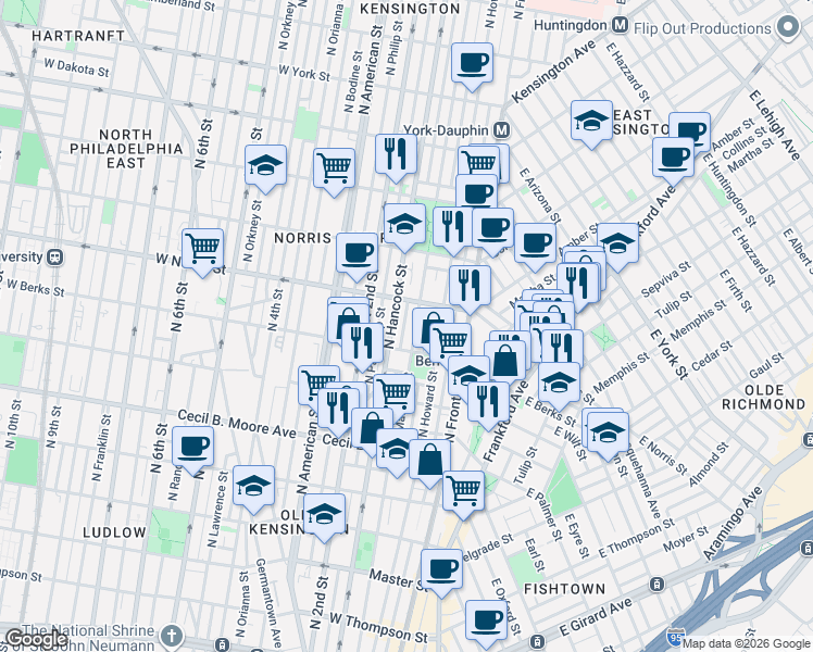 map of restaurants, bars, coffee shops, grocery stores, and more near 1930 Waterloo Street in Philadelphia