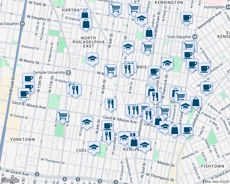 map of restaurants, bars, coffee shops, grocery stores, and more near 1855 North 5th Street in Philadelphia