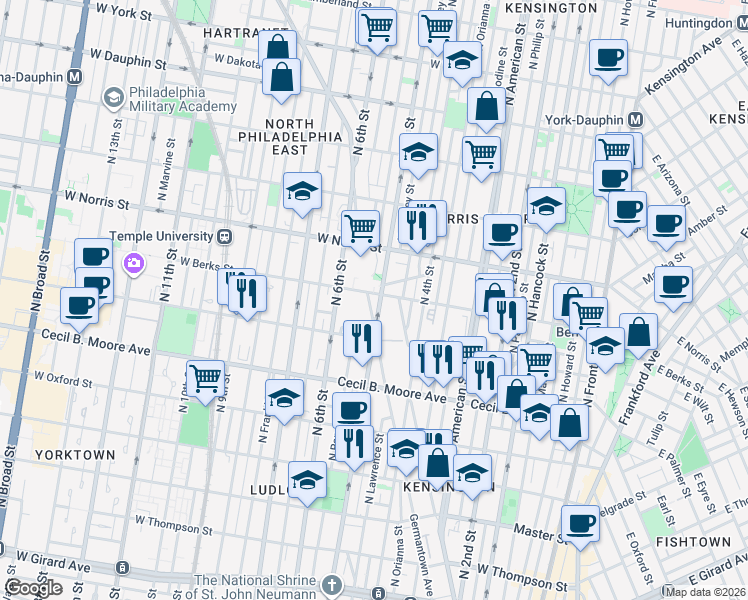 map of restaurants, bars, coffee shops, grocery stores, and more near 1855 North 5th Street in Philadelphia