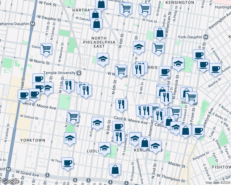 map of restaurants, bars, coffee shops, grocery stores, and more near 1848 Germantown Avenue in Philadelphia