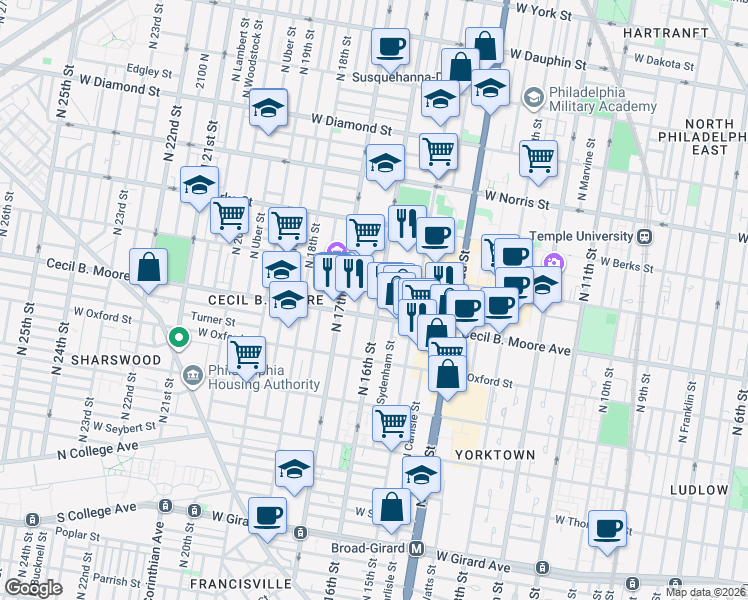 map of restaurants, bars, coffee shops, grocery stores, and more near in Philadelphia
