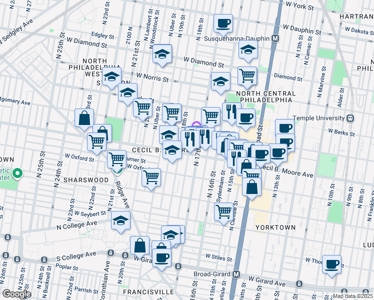map of restaurants, bars, coffee shops, grocery stores, and more near 1723 Cecil B. Moore Avenue in Philadelphia
