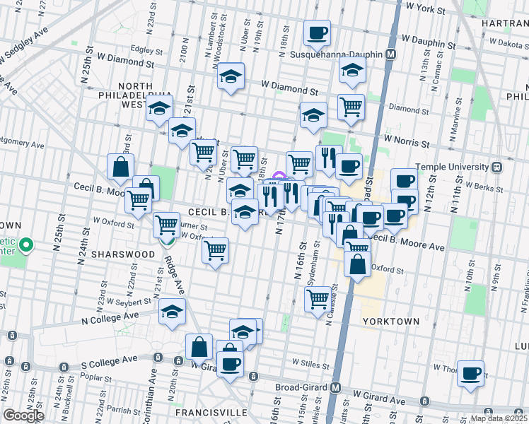 map of restaurants, bars, coffee shops, grocery stores, and more near 1723 Cecil B. Moore Avenue in Philadelphia