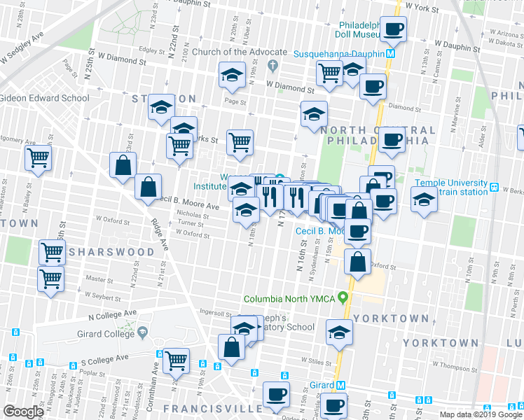 map of restaurants, bars, coffee shops, grocery stores, and more near 1723 Cecil B. Moore Avenue in Philadelphia