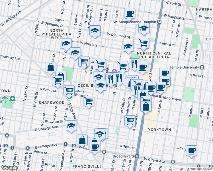 map of restaurants, bars, coffee shops, grocery stores, and more near 1723 Cecil B. Moore Avenue in Philadelphia