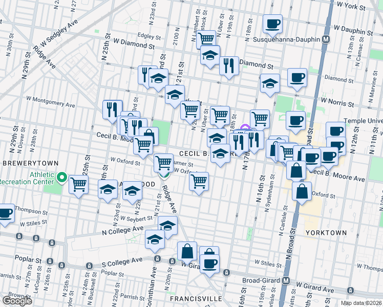 map of restaurants, bars, coffee shops, grocery stores, and more near 2007 Nicholas Street in Philadelphia