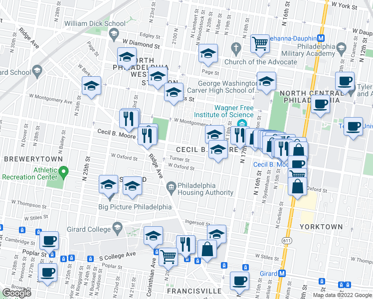 map of restaurants, bars, coffee shops, grocery stores, and more near 2007 Nicholas Street in Philadelphia