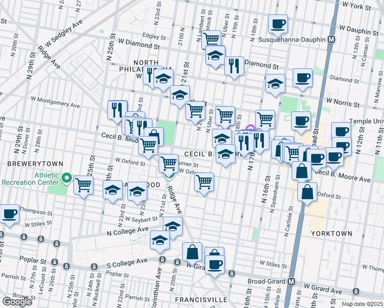 map of restaurants, bars, coffee shops, grocery stores, and more near 2007 Nicholas Street in Philadelphia