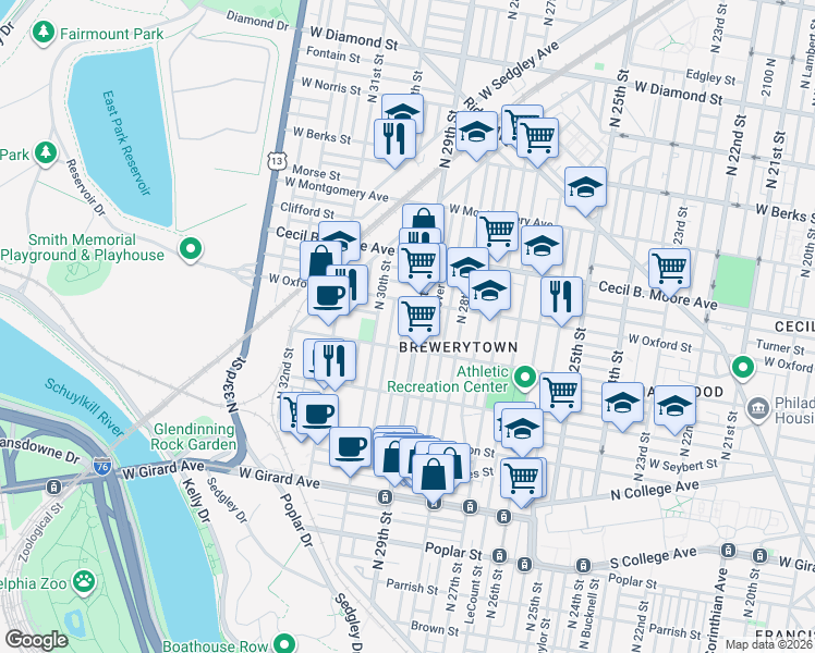 map of restaurants, bars, coffee shops, grocery stores, and more near 1519 North Hollywood Street in Philadelphia