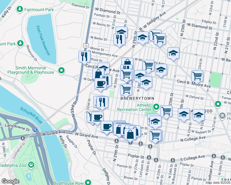 map of restaurants, bars, coffee shops, grocery stores, and more near 3001-15 West Jefferson Street in Philadelphia