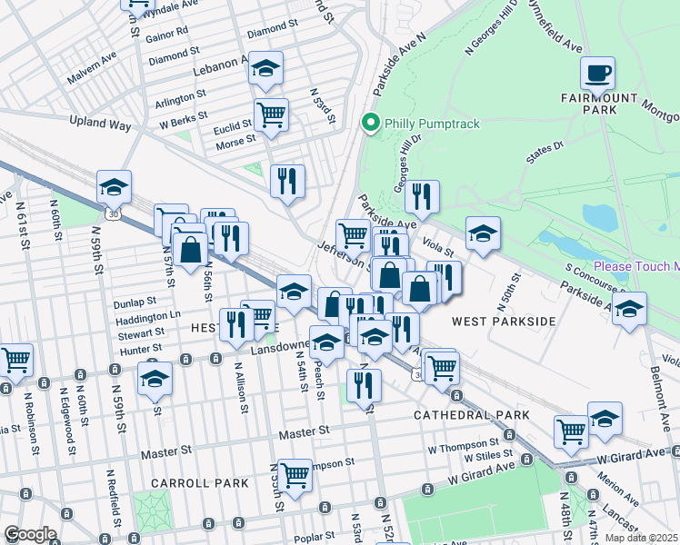 map of restaurants, bars, coffee shops, grocery stores, and more near 655 Monticello Street in Philadelphia