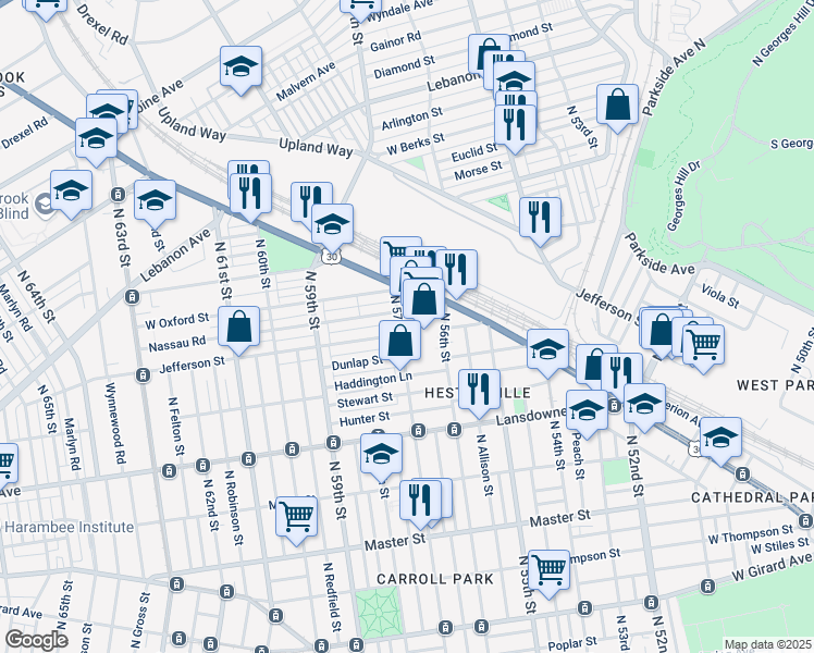 map of restaurants, bars, coffee shops, grocery stores, and more near 1755 North 57th Street in Philadelphia