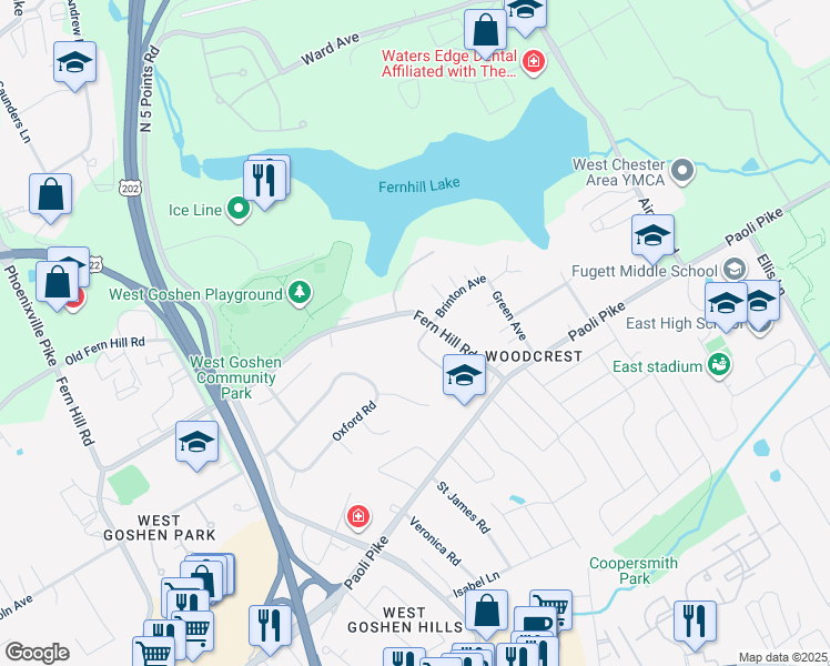 map of restaurants, bars, coffee shops, grocery stores, and more near 31 Brinton Place Road in West Chester