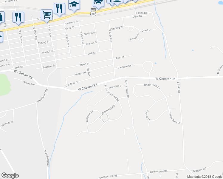 map of restaurants, bars, coffee shops, grocery stores, and more near 5 Shoreham Drive in Coatesville
