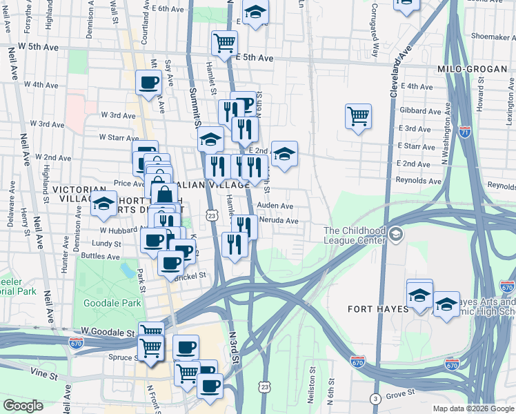 map of restaurants, bars, coffee shops, grocery stores, and more near 818 North 4th Street in Columbus