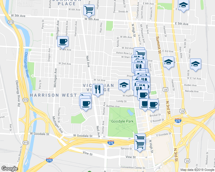 map of restaurants, bars, coffee shops, grocery stores, and more near 866 Dennison Avenue in Columbus